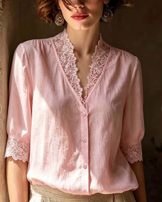 Bluse V-Ausschnitt Spitze Patchwork Uni Dreiviertel Ärmel