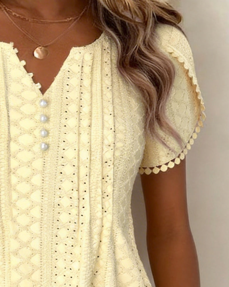 Bluse mit V-Ausschnitt Perlenknöpfe Spitze