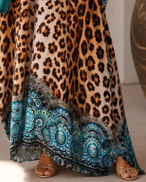 Kleid V-Ausschnitt Leopardenmuster Ausgestellt Kontrastfarbe
