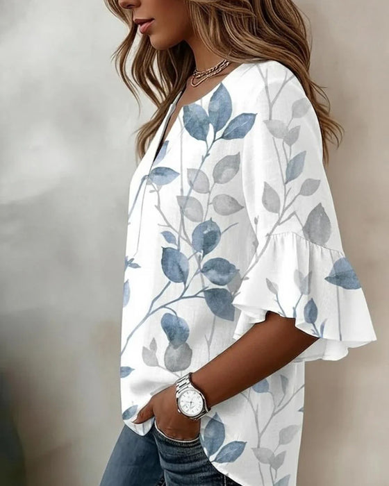 Bluse Flatter Schlagärmel Blatt Print