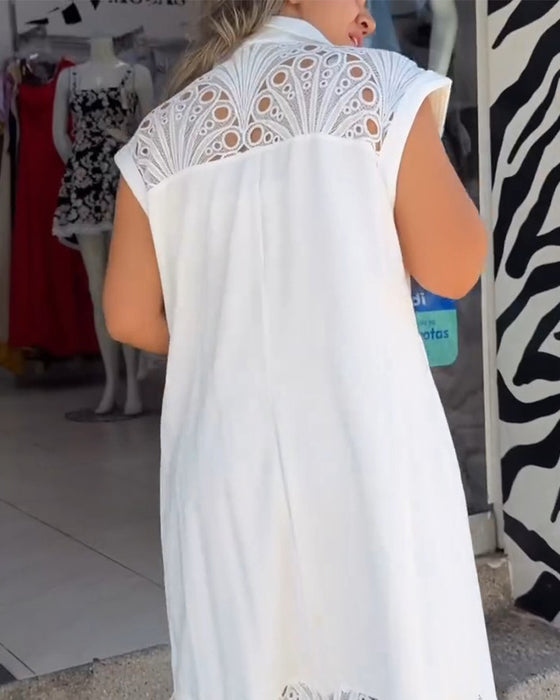 Kleid Ärmellos Hemd Spitzensaum Lang
