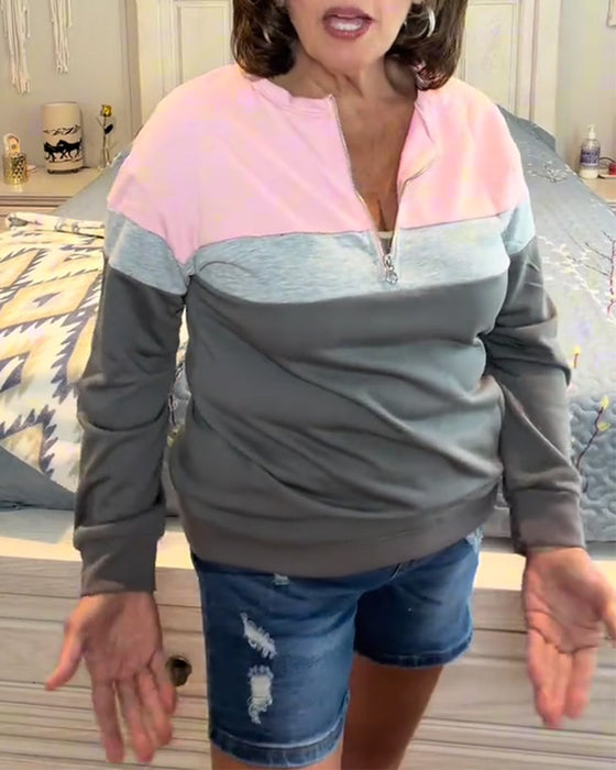 Sweatshirt Mit Reißverschluss, Stehkragen Und Farbblockierung Langarm