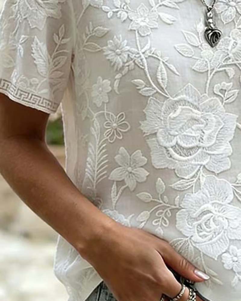 Bluse Rundhals Bestickt Spitze Patchwork
