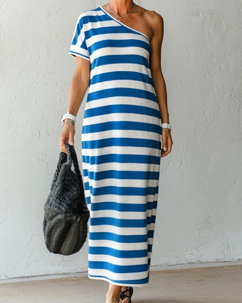 Kleid Asymmetrisch Gestreift Off-Shoulder