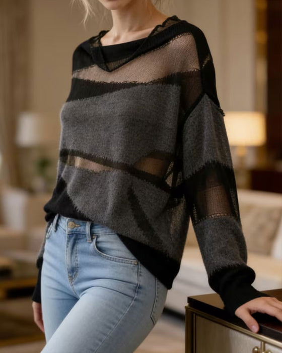 Pullover Kontrastfarbe Transparent Langarm Sweater