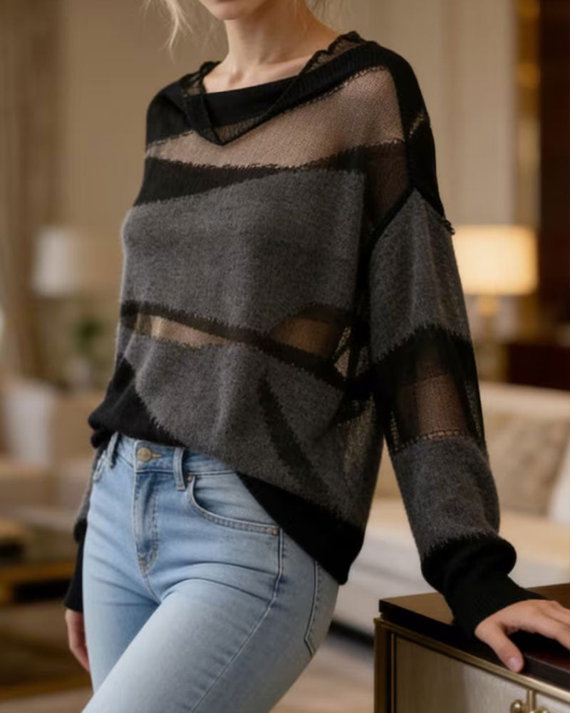 Pullover Kontrastfarbe Transparent Langarm Sweater