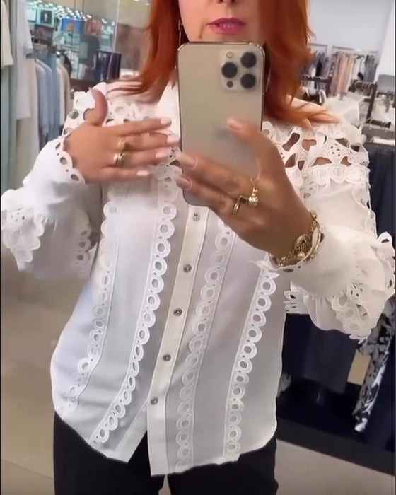 Bluse Laternenärmel Cutout Spitze