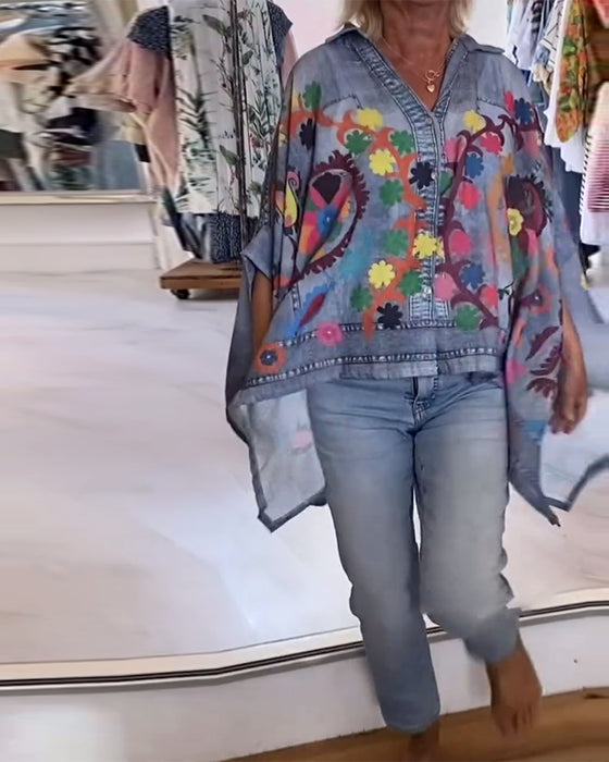 Blouse Unregelmäßiger Druck Gefälschter Denim