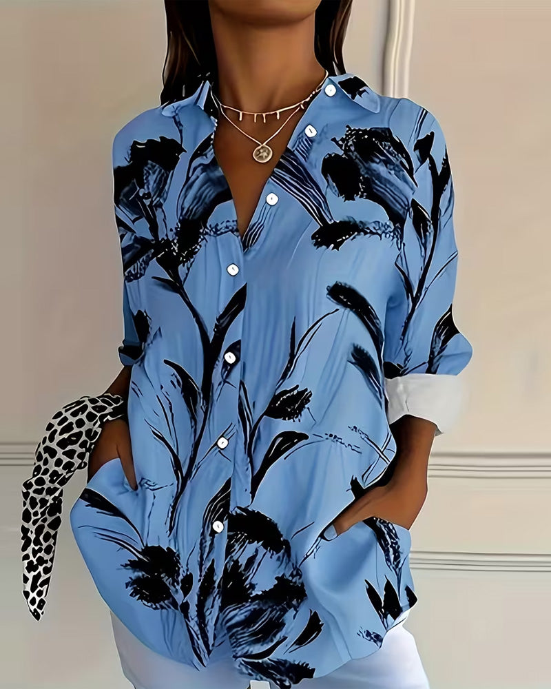 Hemd Tusche-Wasch Blumendruck Langarm