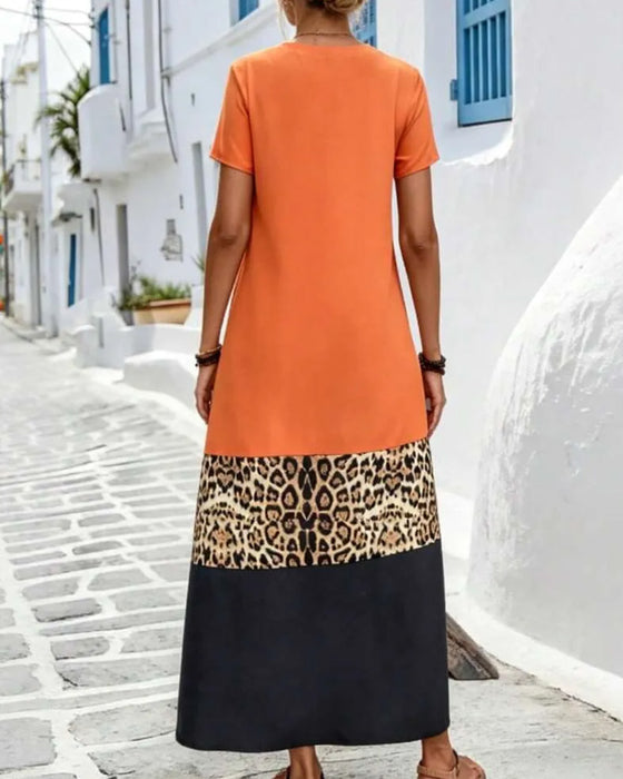 Maxikleid V-Ausschnitt Farbblock Patchwork Leopard
