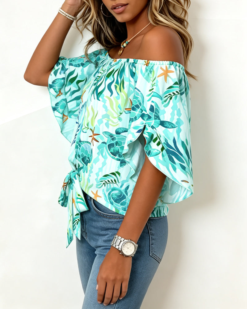 Bluse Ozean Druck Off-Shoulder Binden
