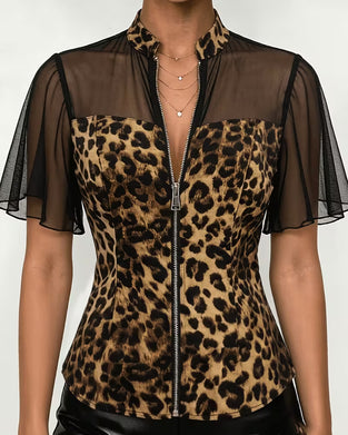 Bluse Leopard Patchwork Mandarin Kragen Reißverschluss