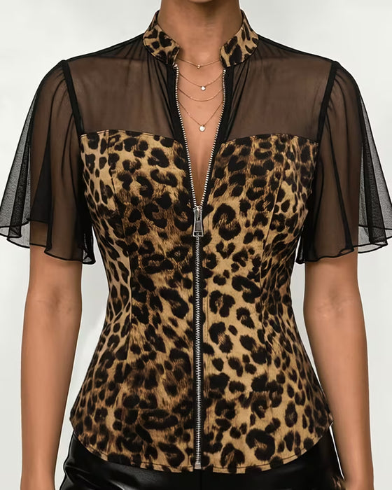 Bluse Leopard Patchwork Mandarin Kragen Reißverschluss