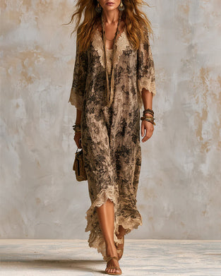 Kleid V-Ausschnitt Spitze Patchwork Asymmetrisch