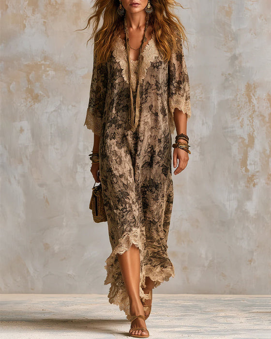 Kleid V-Ausschnitt Spitze Patchwork Asymmetrisch