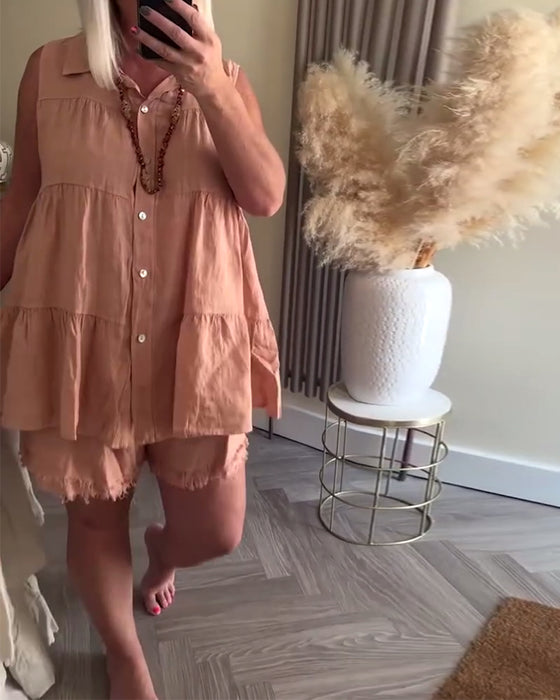 Anzug Ärmellos Revers Knopfleiste Lässige Shorts