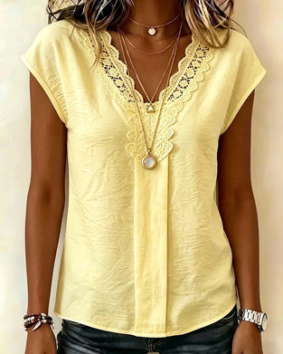 Bluse V-Ausschnitt Spitze Patchwork Lässig