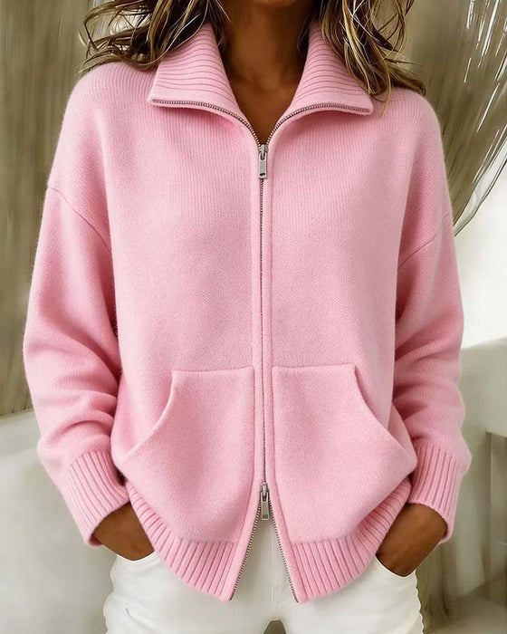 Strickjacke Revers Reißverschluss Einfarbig