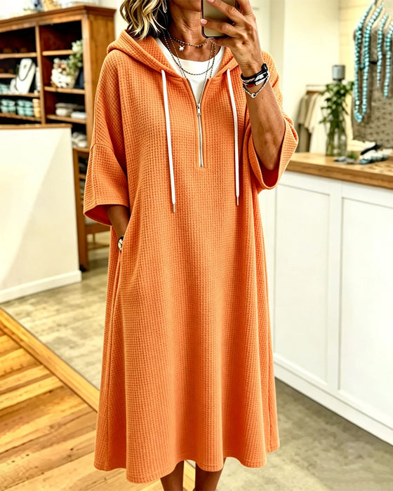 Kleid Reißverschluss Waffel Kapuze Dreiviertel-Ärmel