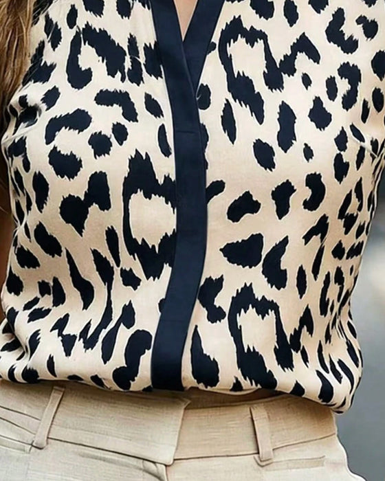 Bluse Stehkragen Leopard Kurzer Ärmel