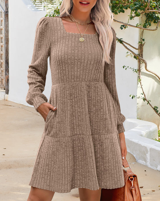 🍂2025 Herbst Neue Kollektion⏰ Damenkleid mit Quadrat-Ausschnitt, Laternenärmeln und Rippstruktur