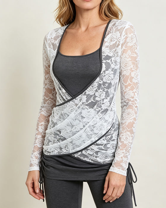 Bluse Cross Over Spitze Panel Binden Vorne Slim