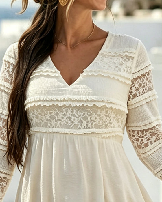 Kleid Einfarbig V-Ausschnitt Spitze Patchwork