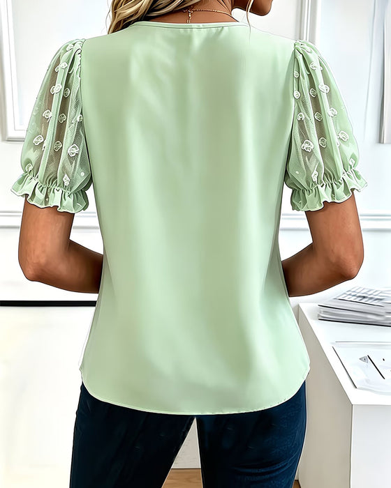 Bluse Rund Hals Spitze Puff Ärmel