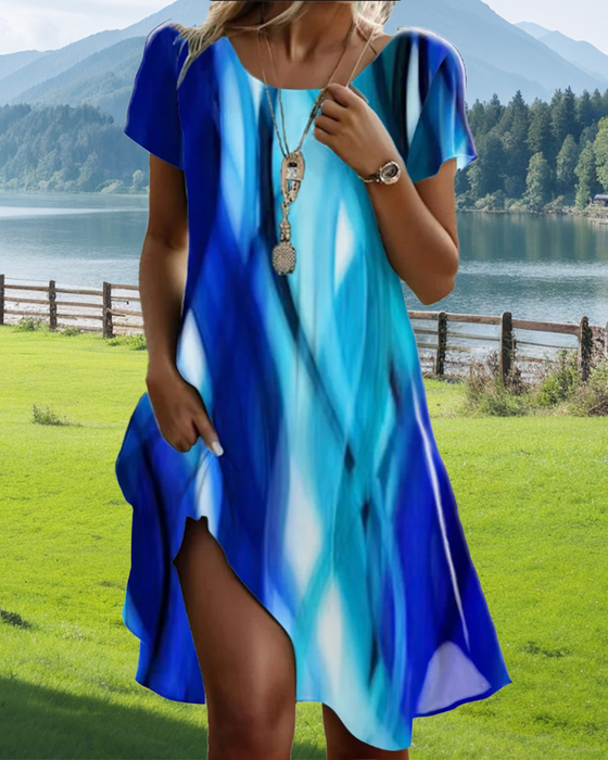 Kleid Puffärmel Tie-Dye Rundhals