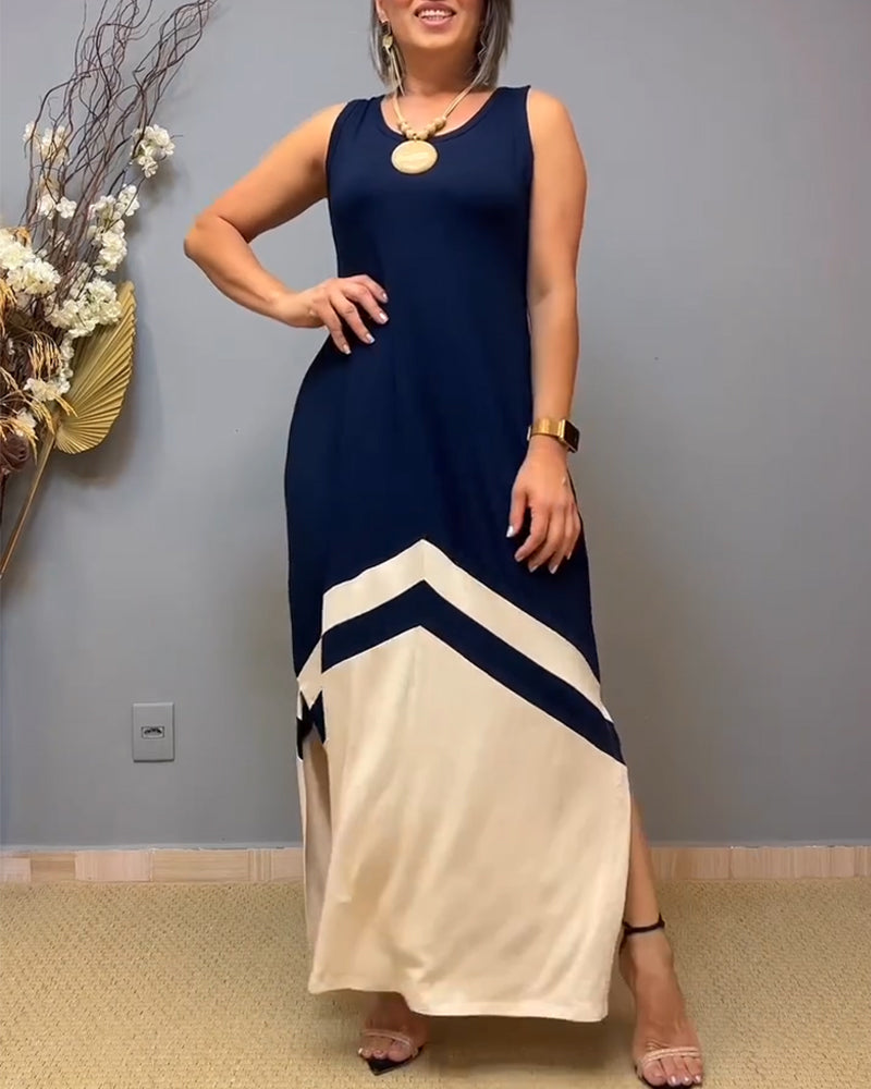 Kleid Ärmellos Kontrast Farbe Schlitz Lang