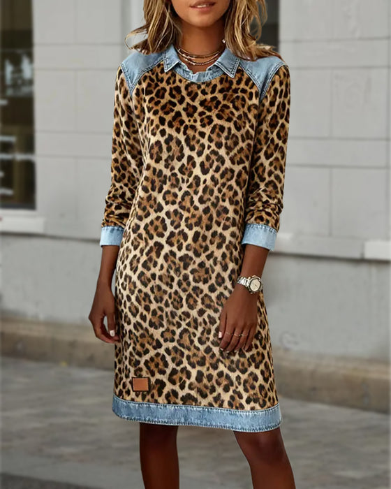 Kleid Revers Leopardenmuster Shift