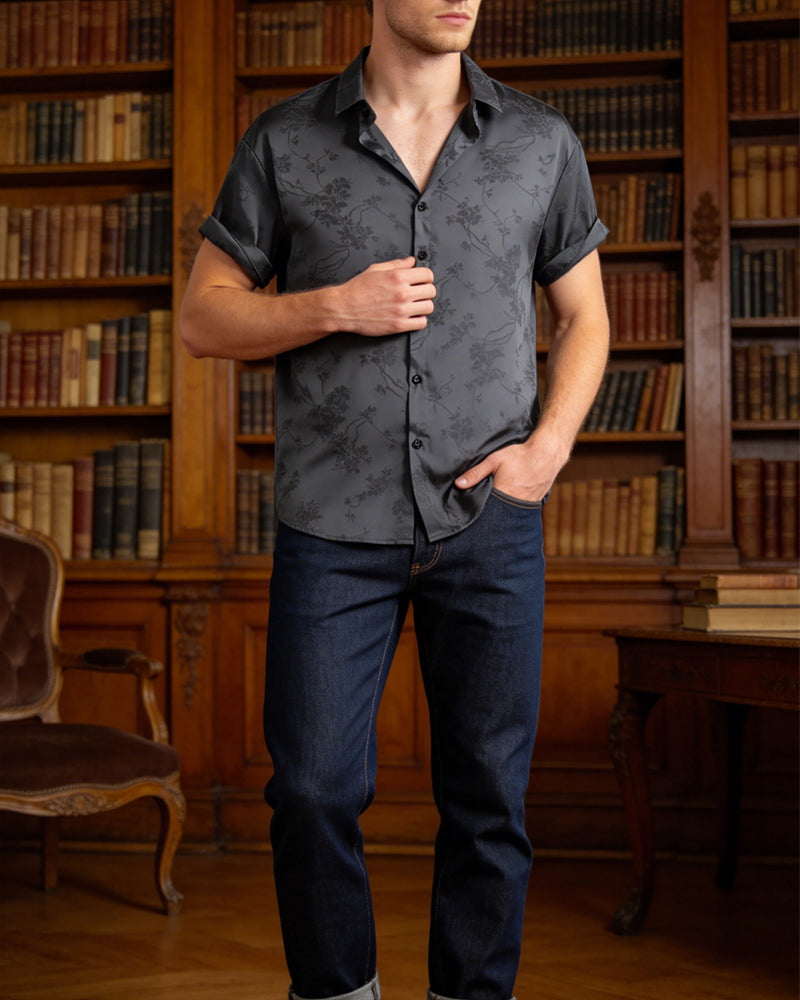 Herren Hemd Dezentes Blumenprint Umlegekragen Kurzarm