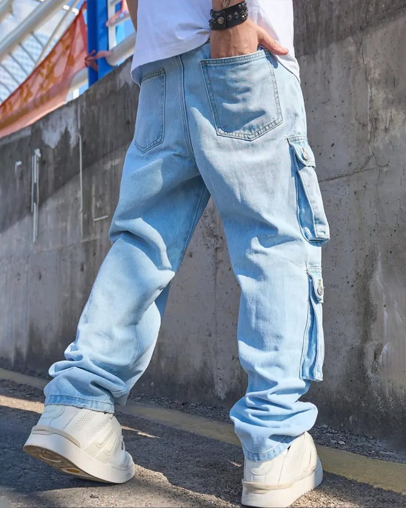 Jeans Herren Locker Solid Klappe Tasche Cargo Denim