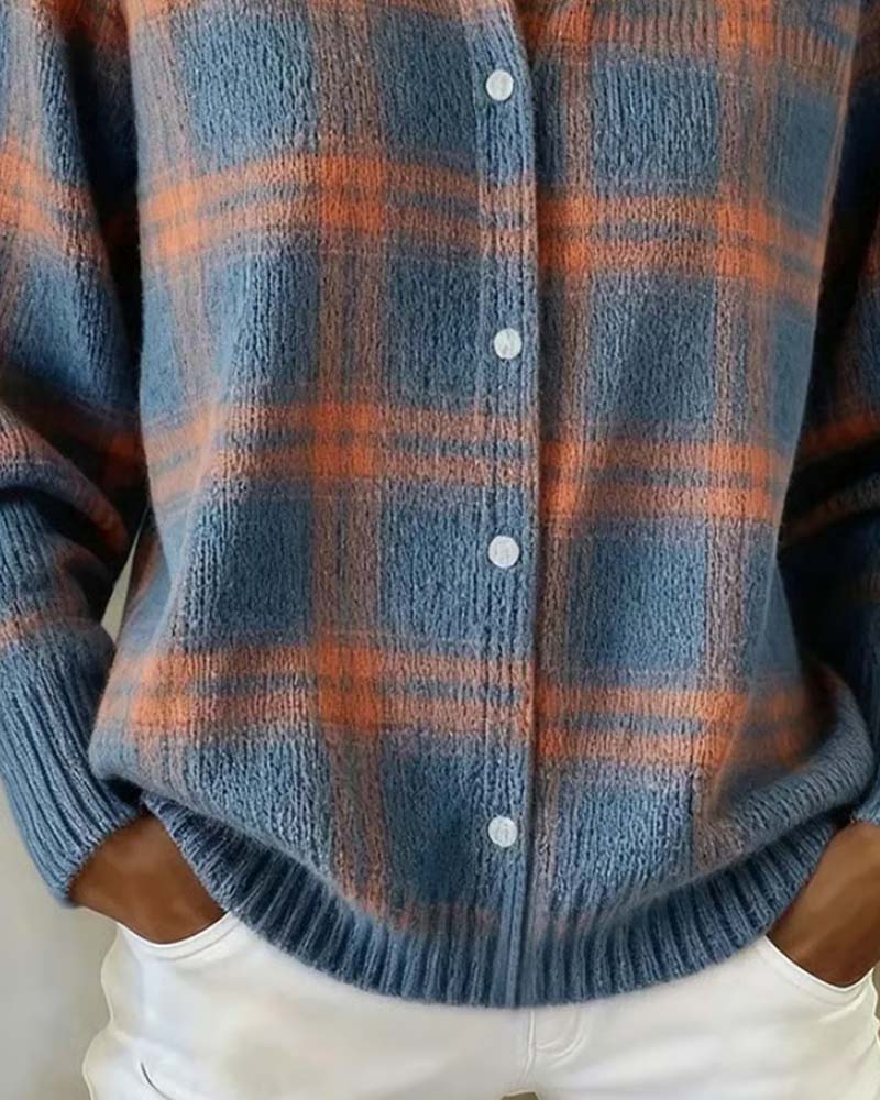 Strickjacke Karomuster Hemdkragen Geknöpft