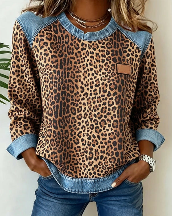 Sweatshirt Leopardenprint Denim Patchwork