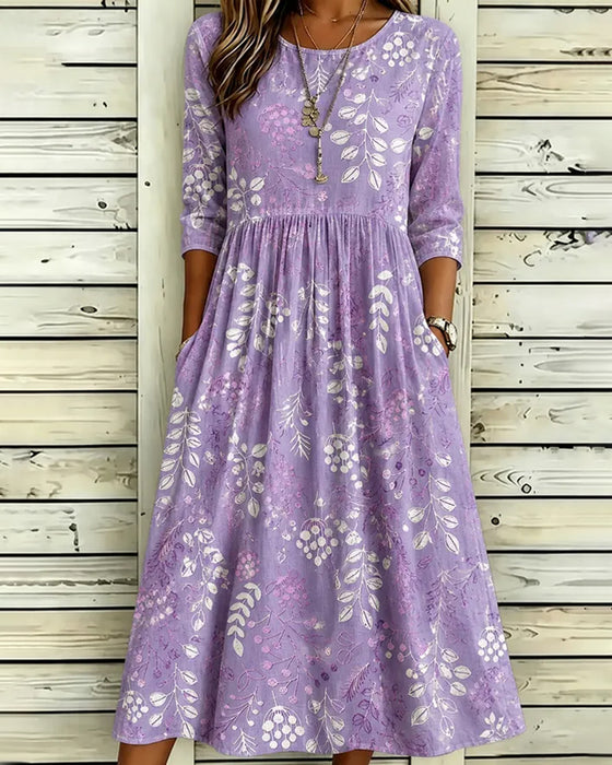 Kleid Rundhals Blatt Druck Figurbetonte Taille