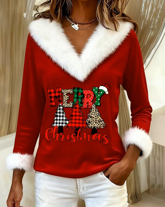 Top mit V-Ausschnitt und Weihnachtsbaummuster