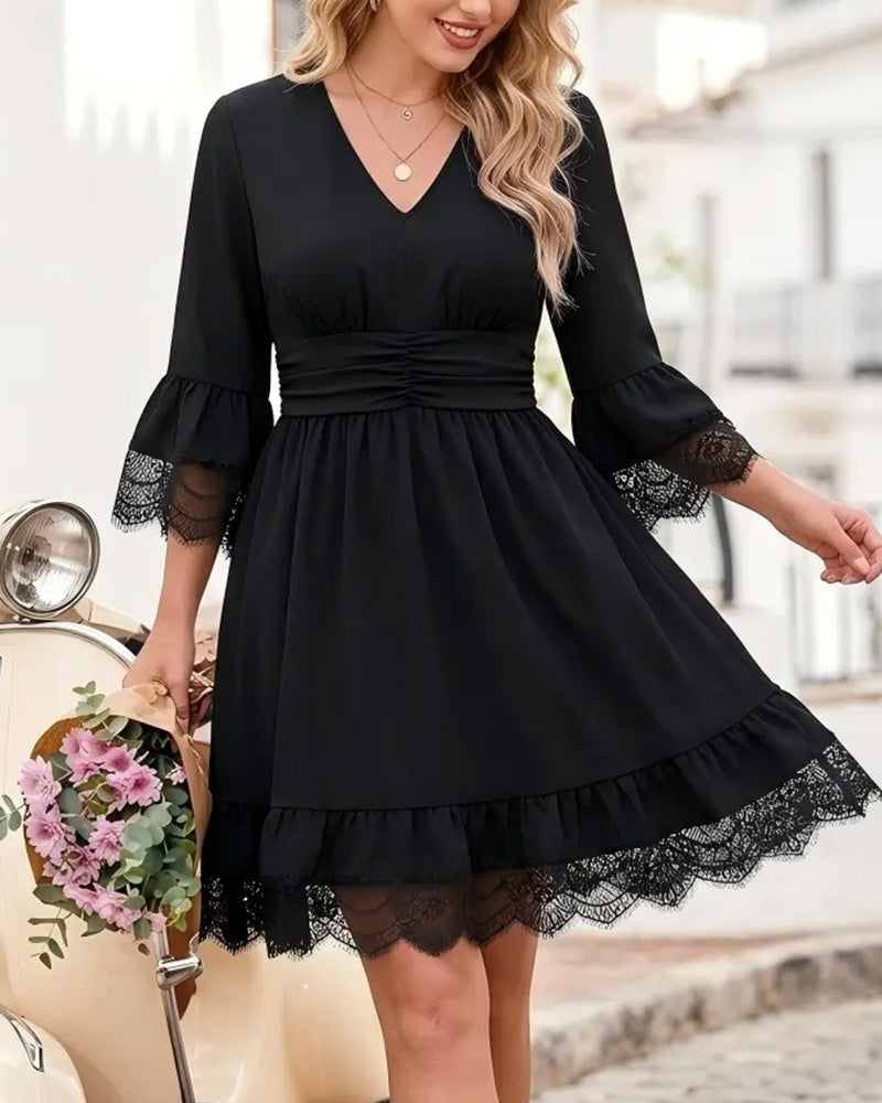 Kleid V-Ausschnitt Uni Spitze Patchwork