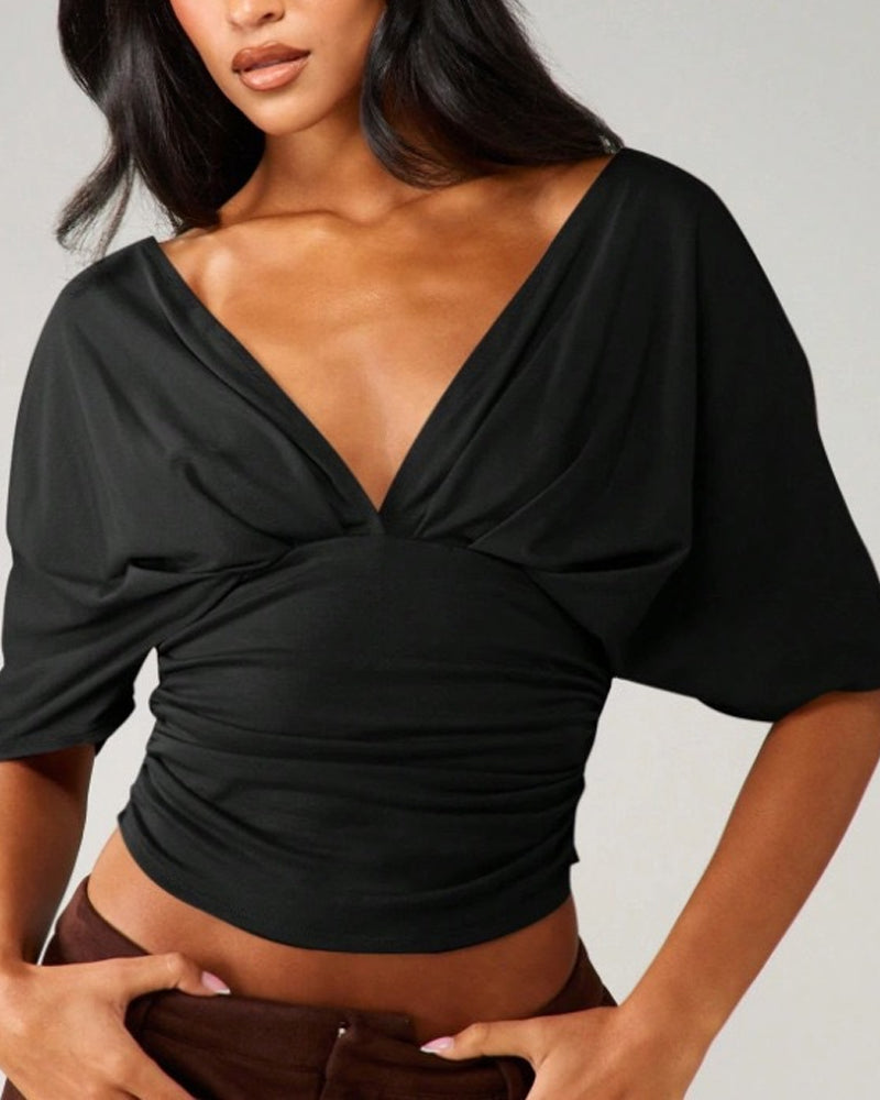 Top V-Ausschnitt Fledermaus Ärmel Taille Binden