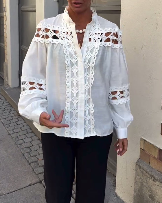 Bluse Stehkragen Hohl Spitze