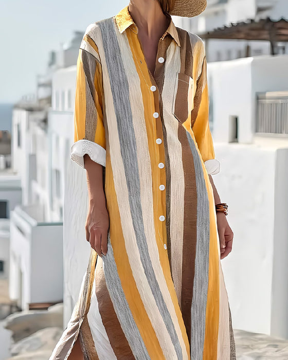 Kleid Lässig Gestreift Revers Midi-Länge
