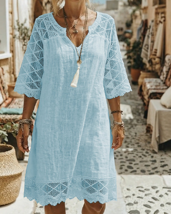 Kleid V-Ausschnitt Spitze Patchwork Lässig