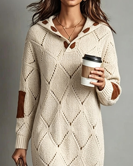 Strickkleid Kapuze Kontrastierend Hohl