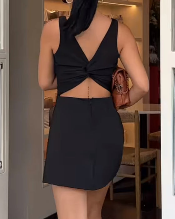 Kleid U-Ausschnitt Spaghettiträger Unifarbe Taille