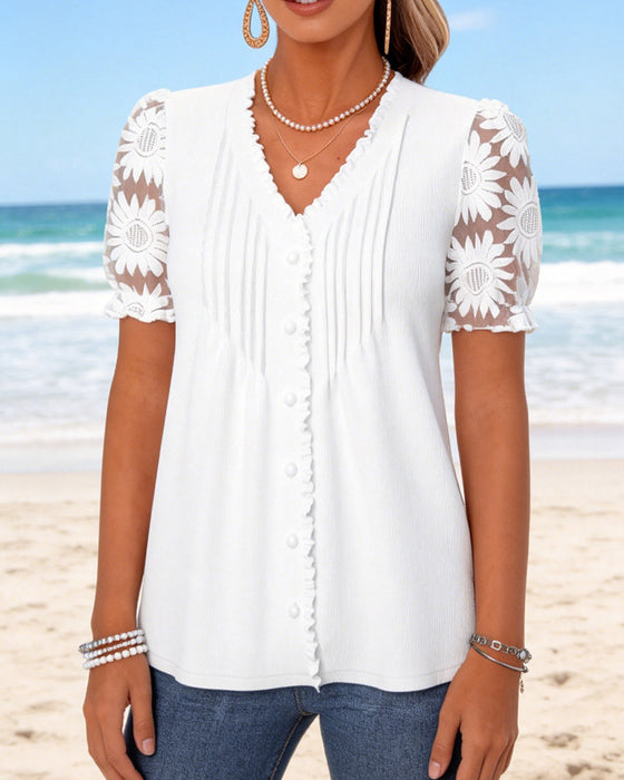 T-Shirt V-Ausschnitt Knopf Plissiert Spitze Patchwork