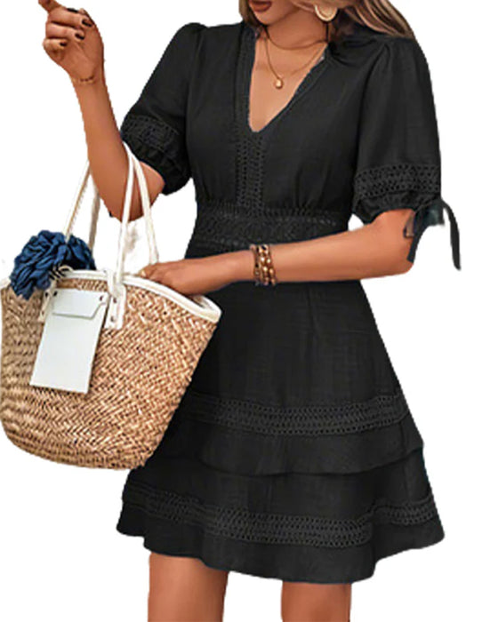 Kleid V-Ausschnitt Gestuft Einfarbig Spitze Patchwork