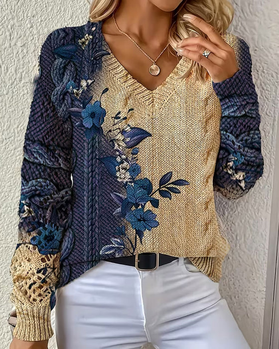 Pullover Verlauf Farbblock Blumig V-Ausschnitt Ausgeschnitten