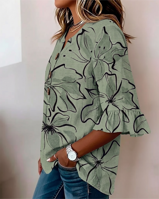 Bluse V-Ausschnitt Blumen Rüsche 3/4-Arm