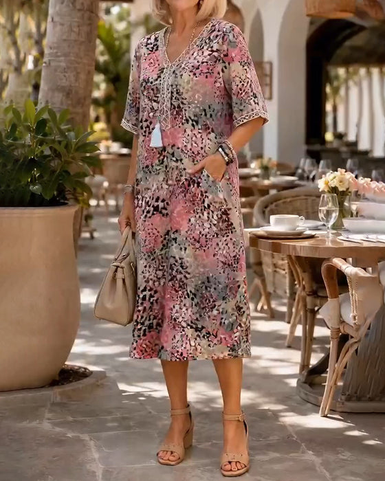 Kleid Bunter Leopard Druck Midi