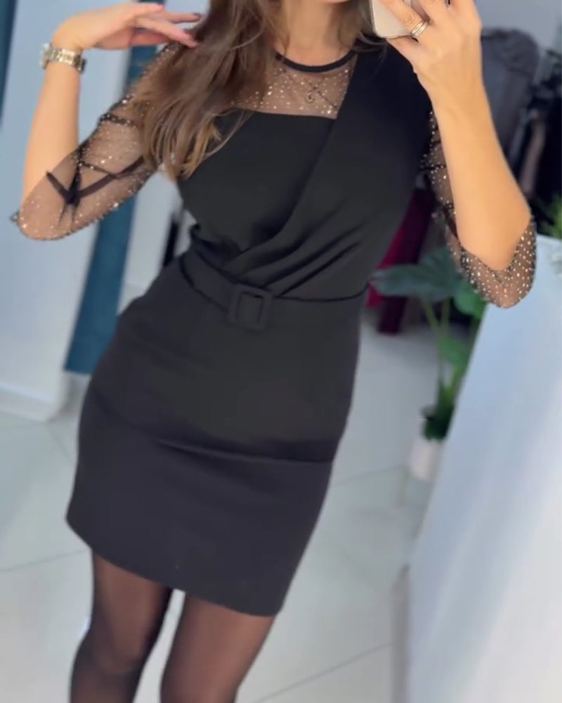 Kleid Mesh Kappe Strass Slim Fit Hüftumspielend